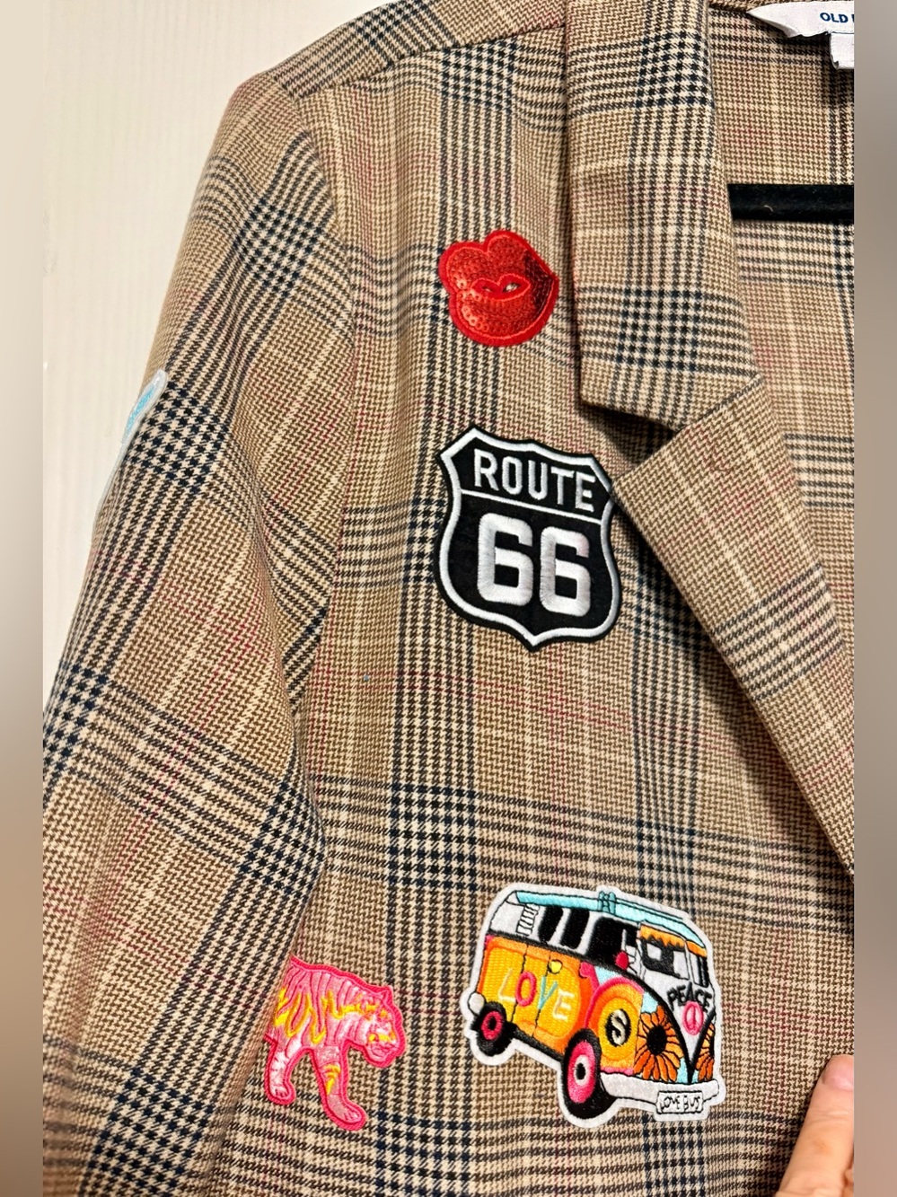 Old Navy Tan Plaid Blazer with Colorful Patchwork - Picture 4 of 12